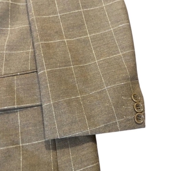 Mens Blazer Windowpane Brown White Check 40S Double Vent Worsted Wool Coat - Picture 6 of 9